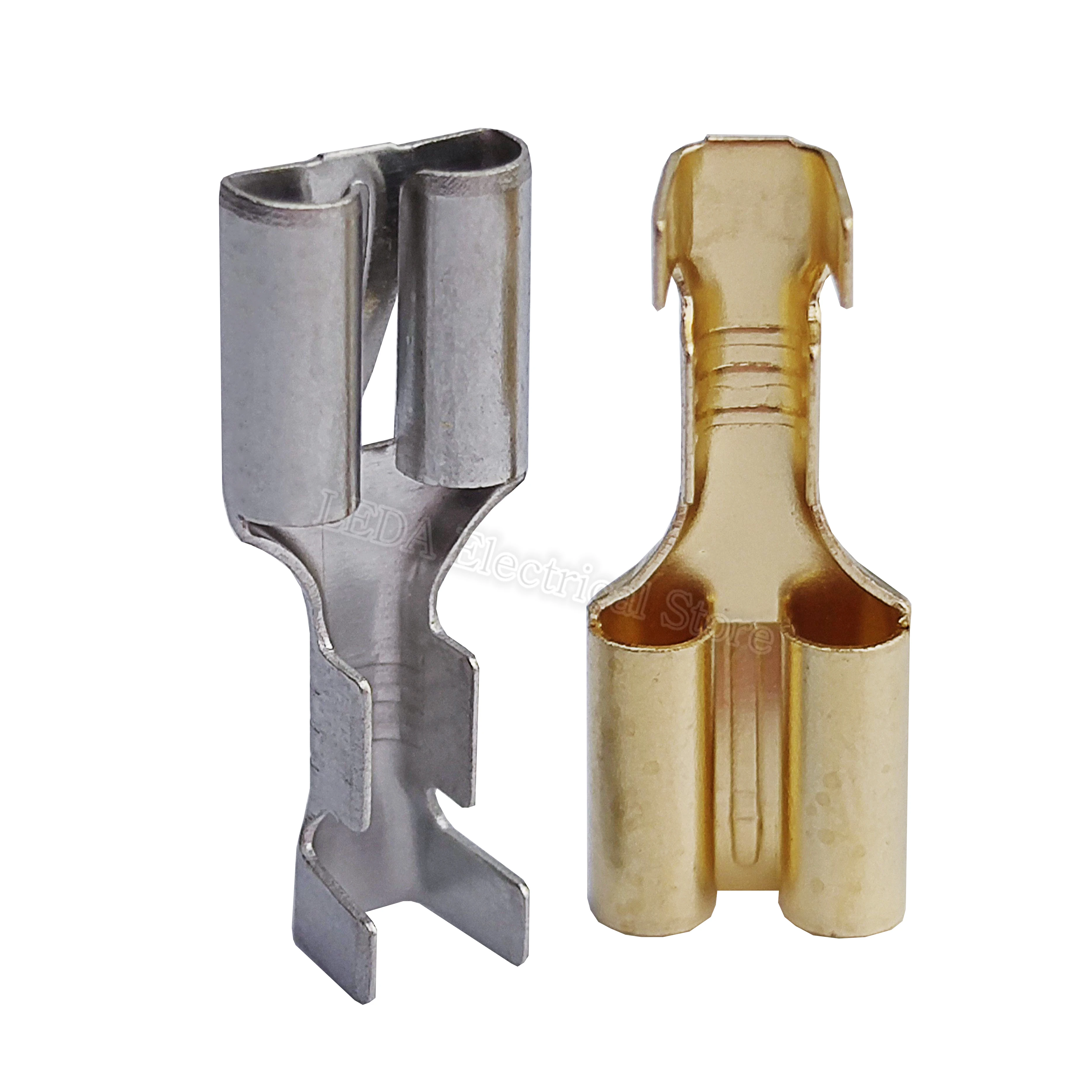 DJ623-E6.3B Type 250 Cold Pressed Brass Golden/Silvery 6.3mm Spring Flat Plate Barbed Plug Terminal Connector