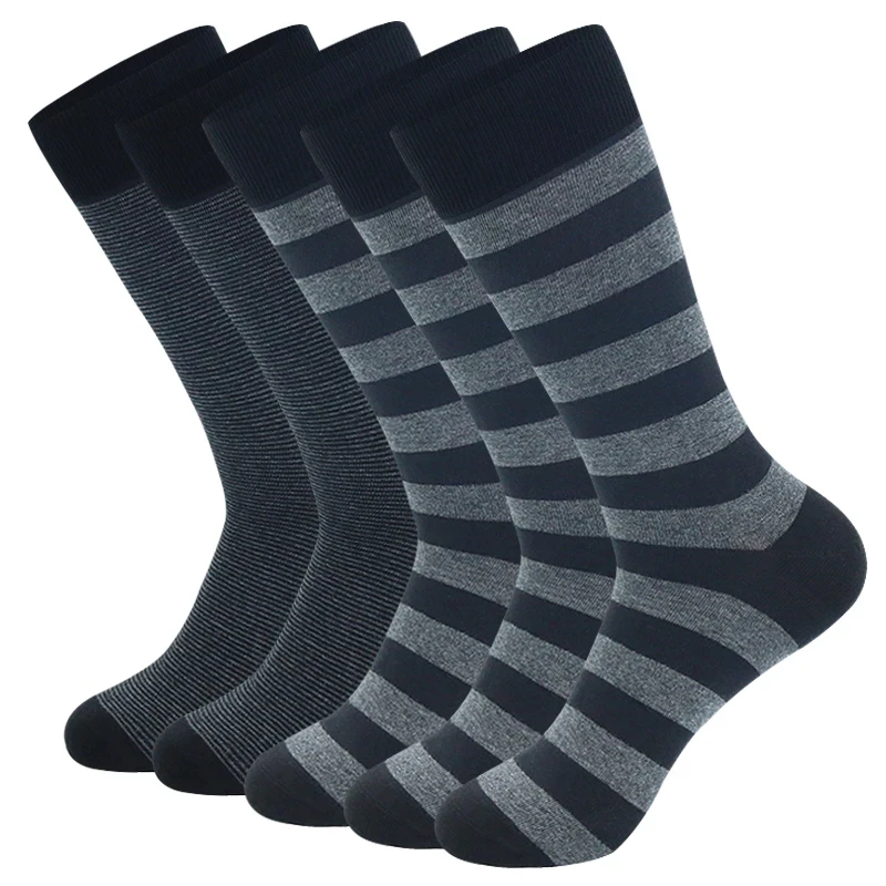Cotton Socks 5 Pairs Large Size Fashion Business Men Stripe Black Gray Pure Size EU41-48