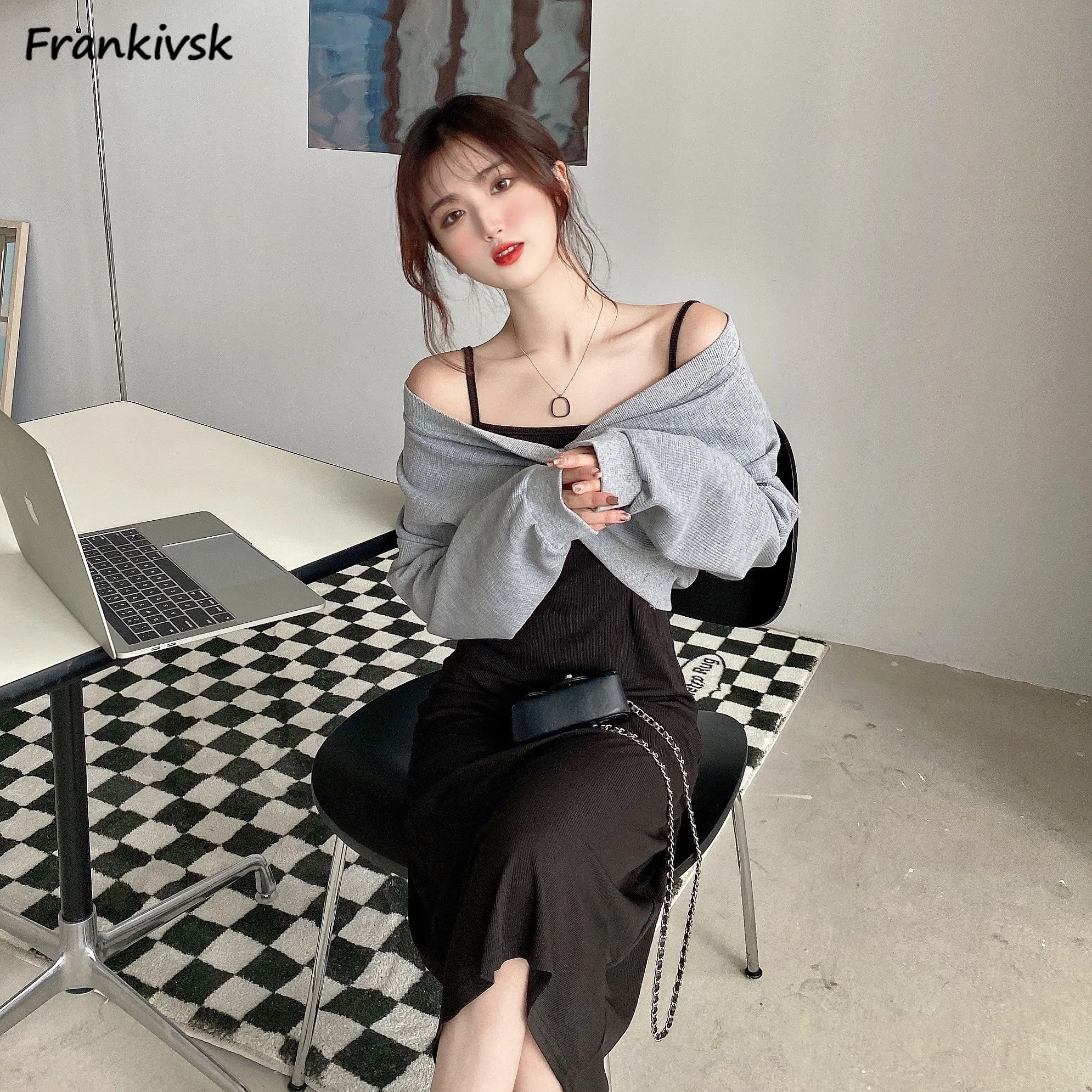 

Autumn Dress Sets Women Slim Solid Office Lady Advanced Streetwear Classic Korean Style Long Sleeve Versatile Exquisite Tender