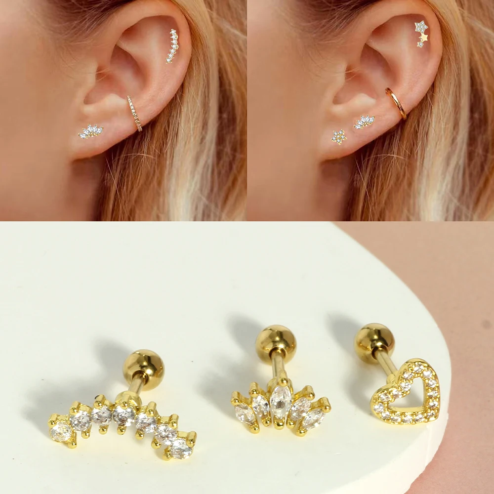 3Pc 16G Stainless Steel Helix Piercing Jewelry Screw Flat Back Stud Earrings for Women Gold Cartilage Earring Conch Daith Rings