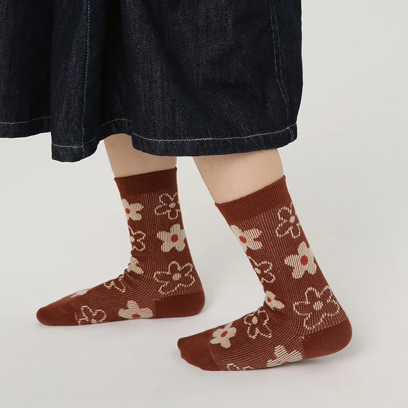 Girls Socks Kids 3-12T Baby Warm Cotton Socks Calf Length Spring Autumn Vintage Pattern Flowers Socks For Children