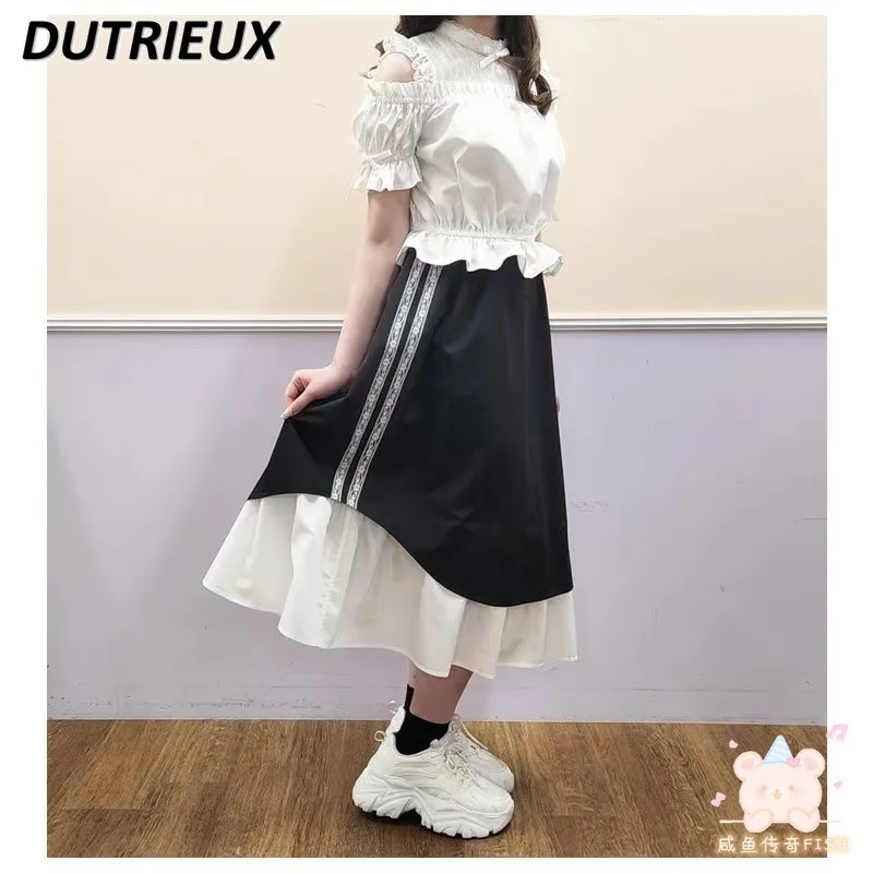Japanese SC Summer New Short Sleeve Top Lace Hollow Bow Solid Color Sweet Off-Shoulder Shirt Front and Back Wear Long Skirt