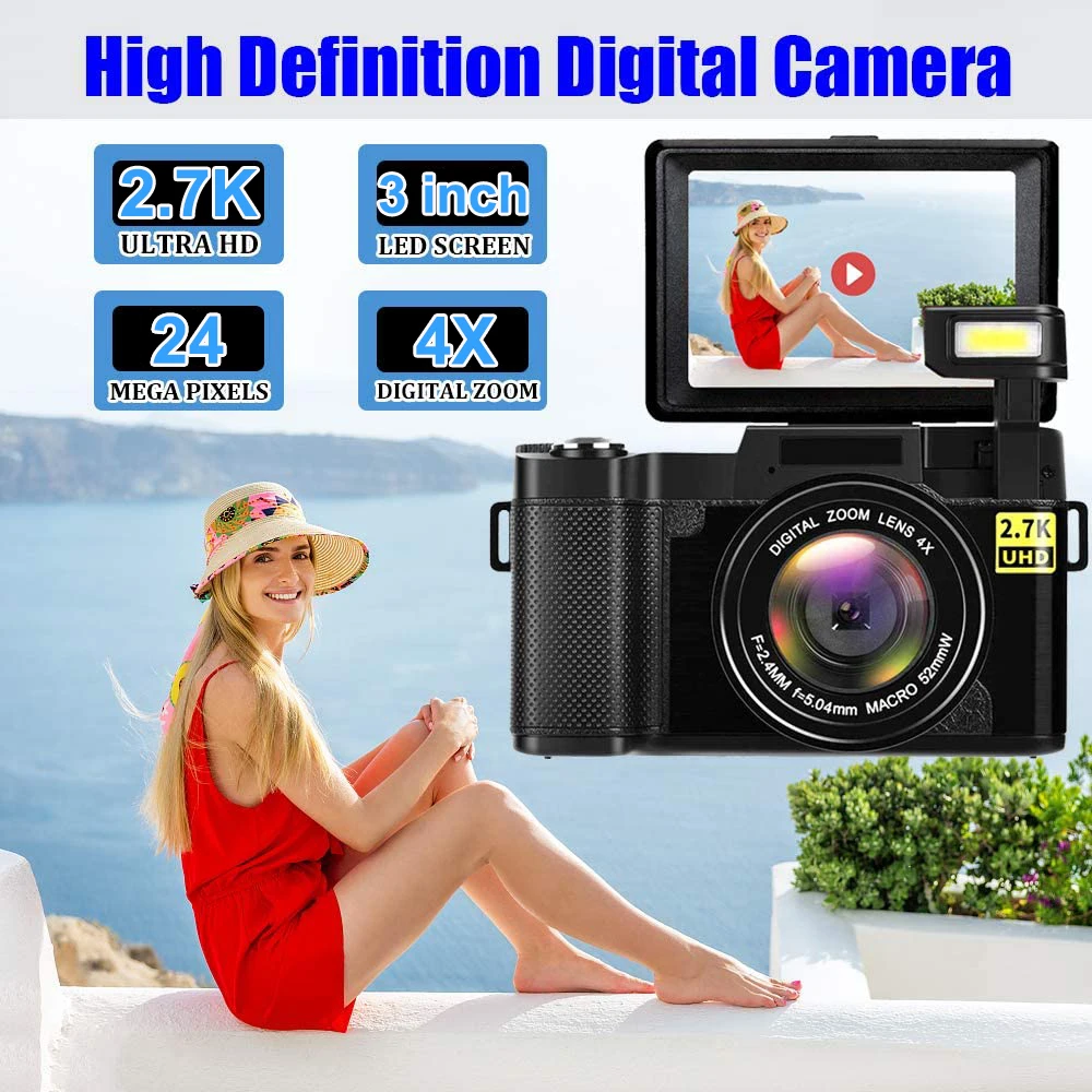 유튜브용 전문 EIS 비디오 카메라, 2.7K 풀 HD 디지털 카메라, 개폐식 플래시, 3 인치 사진 카메라, 4 배 줌