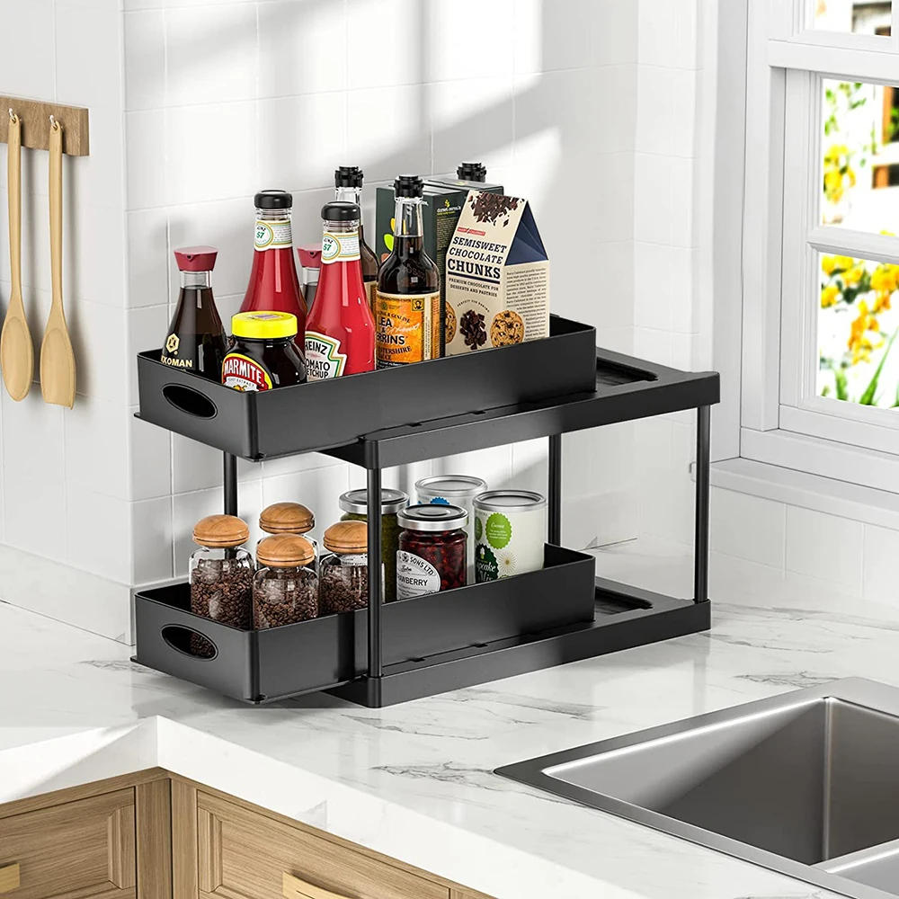 Organizador de estante para debajo del fregadero, estante de metal  expandible para debajo del fregadero con 8 paneles extraíbles para cocina y  baño, 2