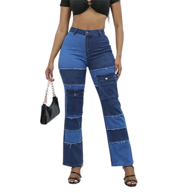 New Colour Blocking Patchwork High Waist Women Denim Trousers Autumn Casual Streetwear Straight Jeans Female Washable Long Pants