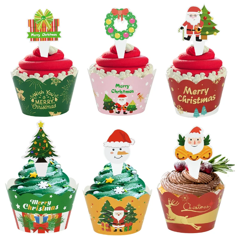 

Christmas Cupcake Snowman Xmas Tree Santa Elk Pattern Paper Cups Christmas Cake Baking Decoration Supplies New Year 2024
