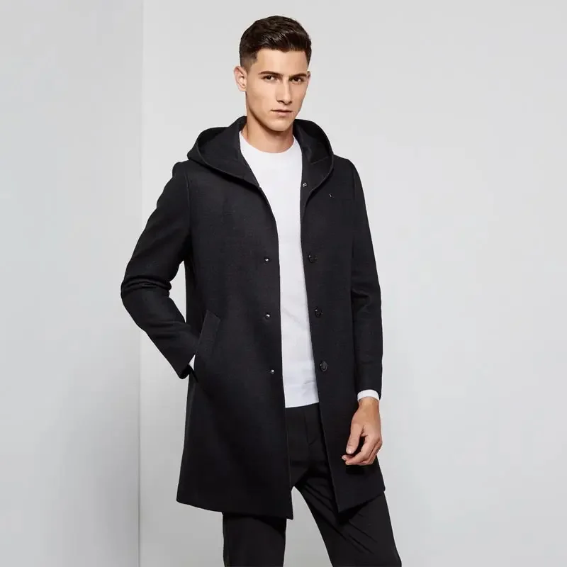 

Autumn Men's and Winter New Wool Blend Hooded Trench Coat Black Mid-Length Single-Breasted Jacket Men Casual Clothing