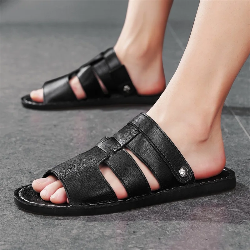 2026 New Fashion Casual Leather Men's Sandals Summer Hollow Out Slip On Sandals Classic Breathable Beach Shoes Outdoor Sandals 3