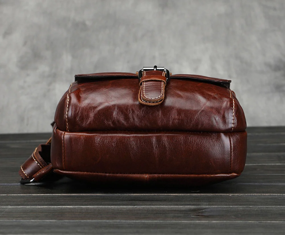 Men Oil Wax Genuine Leaher Chest Shoulder Bag Travel Belt Buckle Travel Vintage High Capacity Cowhide Sling Rucksack Backpack