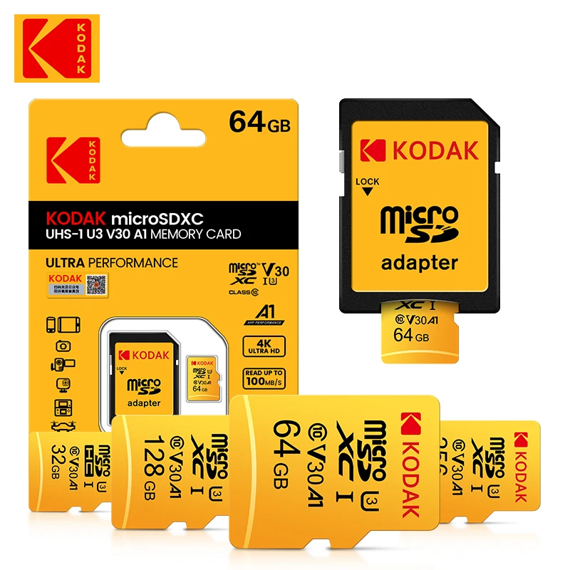 

KODAK U3 MicroSD 32GB 64GB 128GB 256GB A1 SDHC 100MB/S Grade Class 10 Memory Card C10 UHS-I TF/SD Trans Flash SDXCmicro