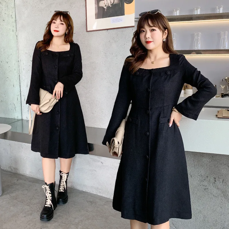 

Korean Version Black Plus Size Women's Dress Texture Cordillas Square Neck Temperament Daily Commute Keep Warm Business Climate