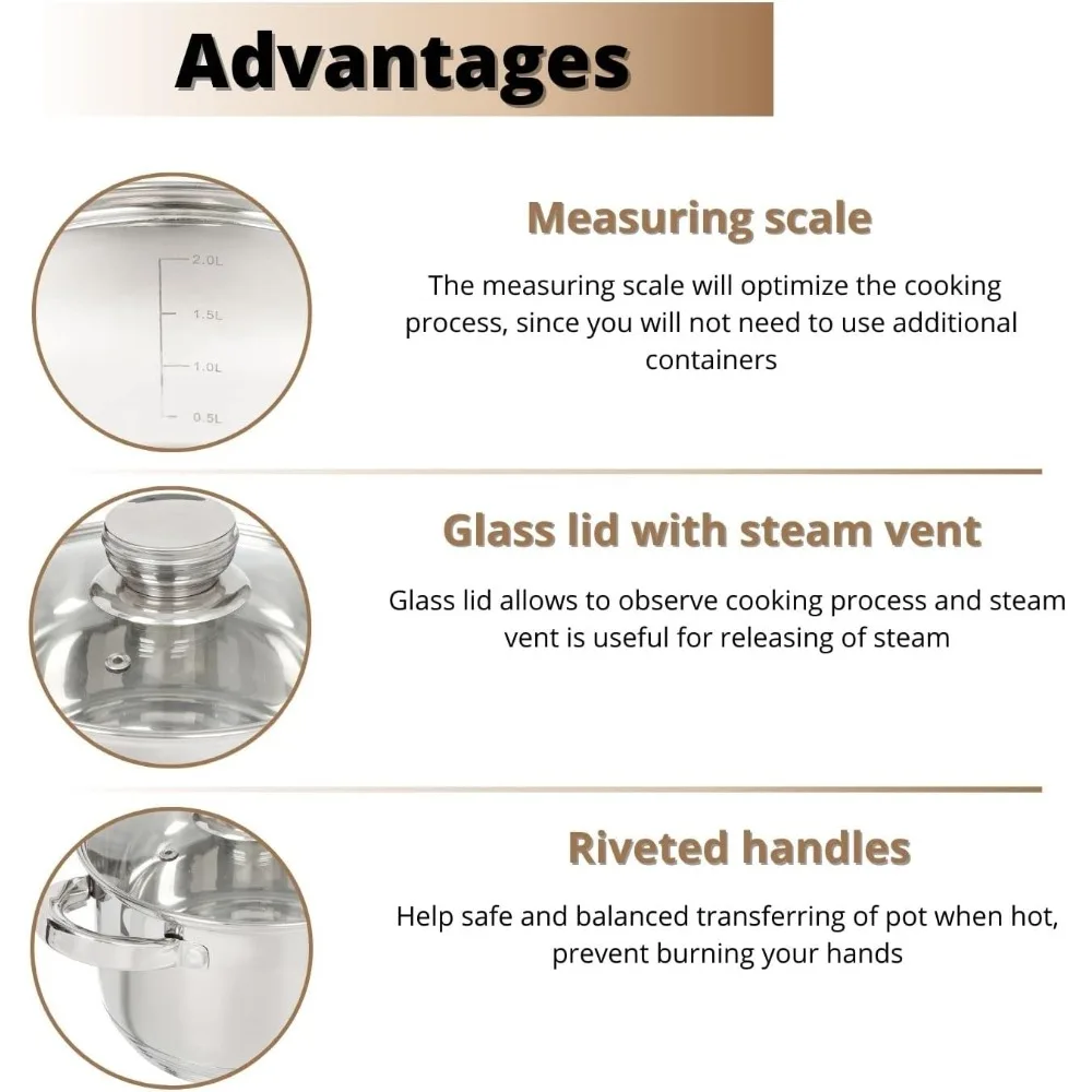 Standard 11-Piece Stainless Steel Induction Cookware Set, Saucepan, Frying Pan, Dishwasher Safe Pots, Measuring Scale, Glass Li