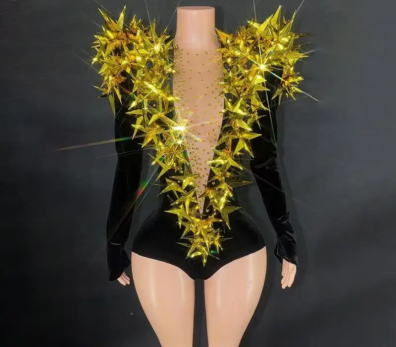 Women Sparkly Gold Rhinestone Black Velvet Long Sleeve Bodysuit Evening Party Club Gala Hosts Night Club Bar Stage Costumes