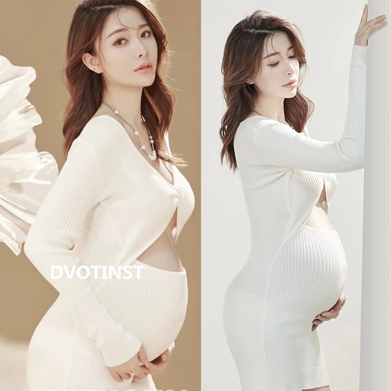 Dvotinst Women Photography Props Maternity Knitting Hollow Out Pregant Dress Pregnancy Dresses Studio Photoshoot Photo Clothes