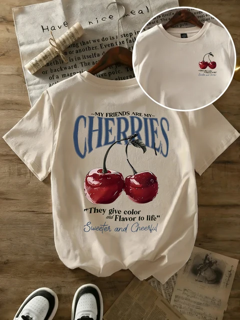Summer Sweeter Cherries Prints T-Shirts Womens Cotton Oversized T Shirts Basic O-Neck Short Sleeve Tops Casual Woman Clothes 1