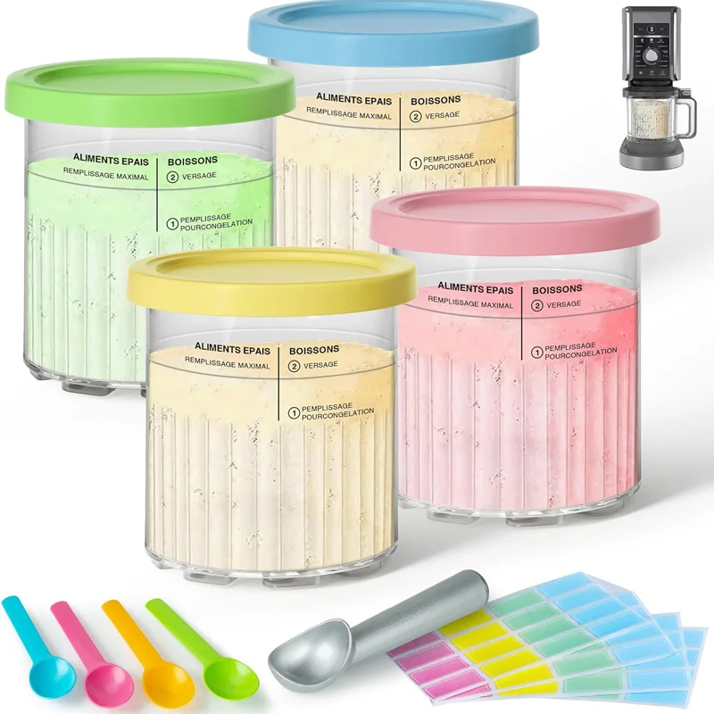 4 Pack Creami Deluxe Pints & Lids for Ninja 24 Oz Compatible with NC500 NC501 Series Ice Cream Makers with Spoons & Labels Set