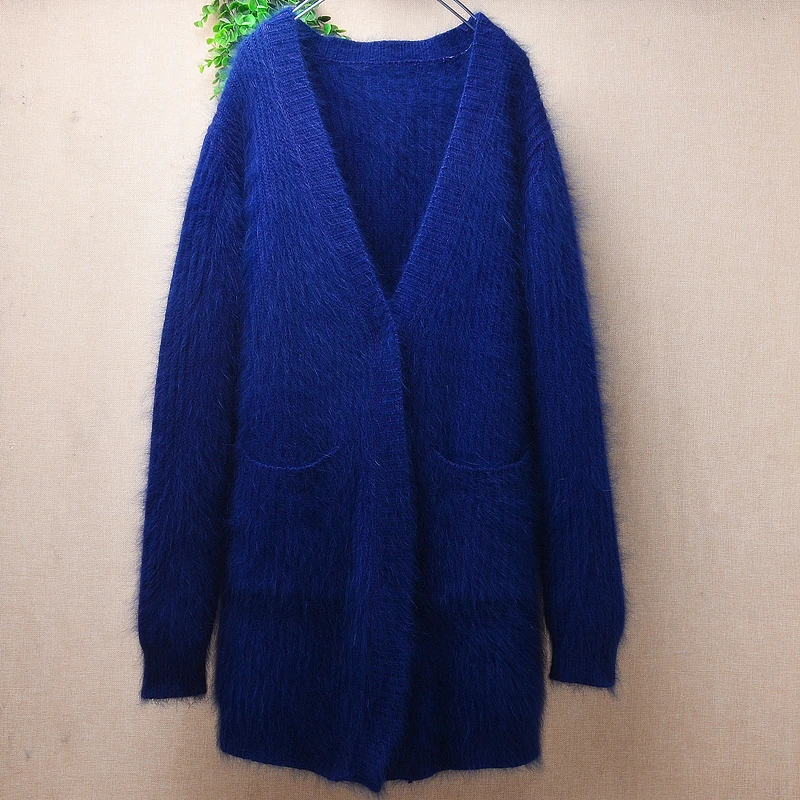 

0.9KG Ladies Women Fall Winter Blue Warm Hairy Mink Cashmere Knitted Long Sleeves V-Neck Loose Cardigans Angora Fur Coat Sweater