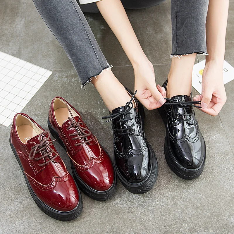 2023 Spring Autumn Women derby Shoes Patent Leather Black Casual