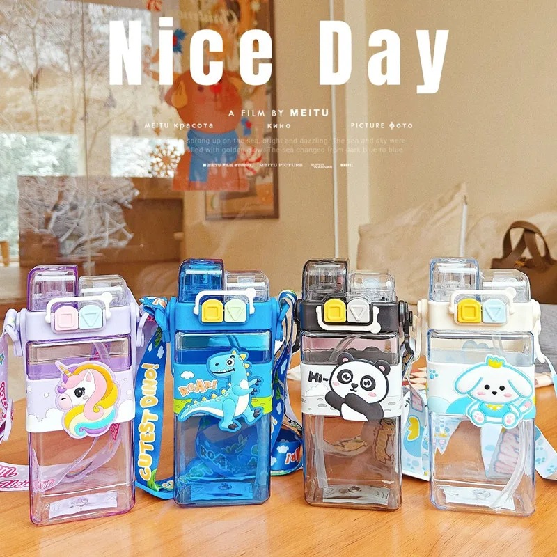 MyGiftHome 18oz Kids Square Water Bottle with Dual-Spout Design