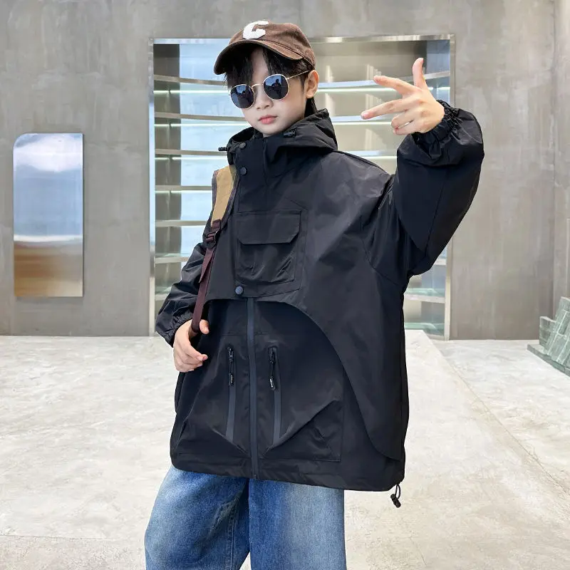 Spring Autumn Solid Korean Fashion New Full Sleeves Zipper Hooded Loose Cargo Coats Handsome Jackets Trench Outerwear