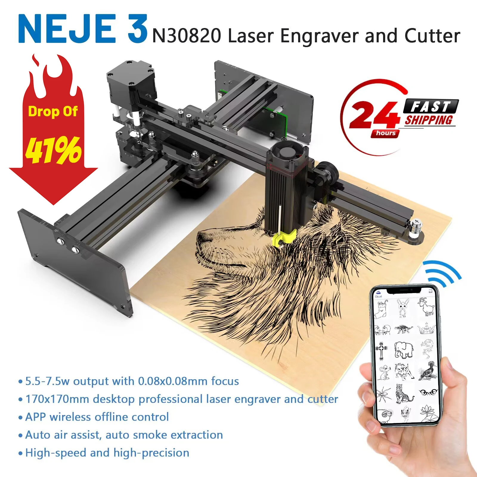 NEJE 3 40W Laser Engraver, 5.5-7.5W Output CNC Laser Cutter / Printer, 3D Wood Router Engraving and Cutting Machine