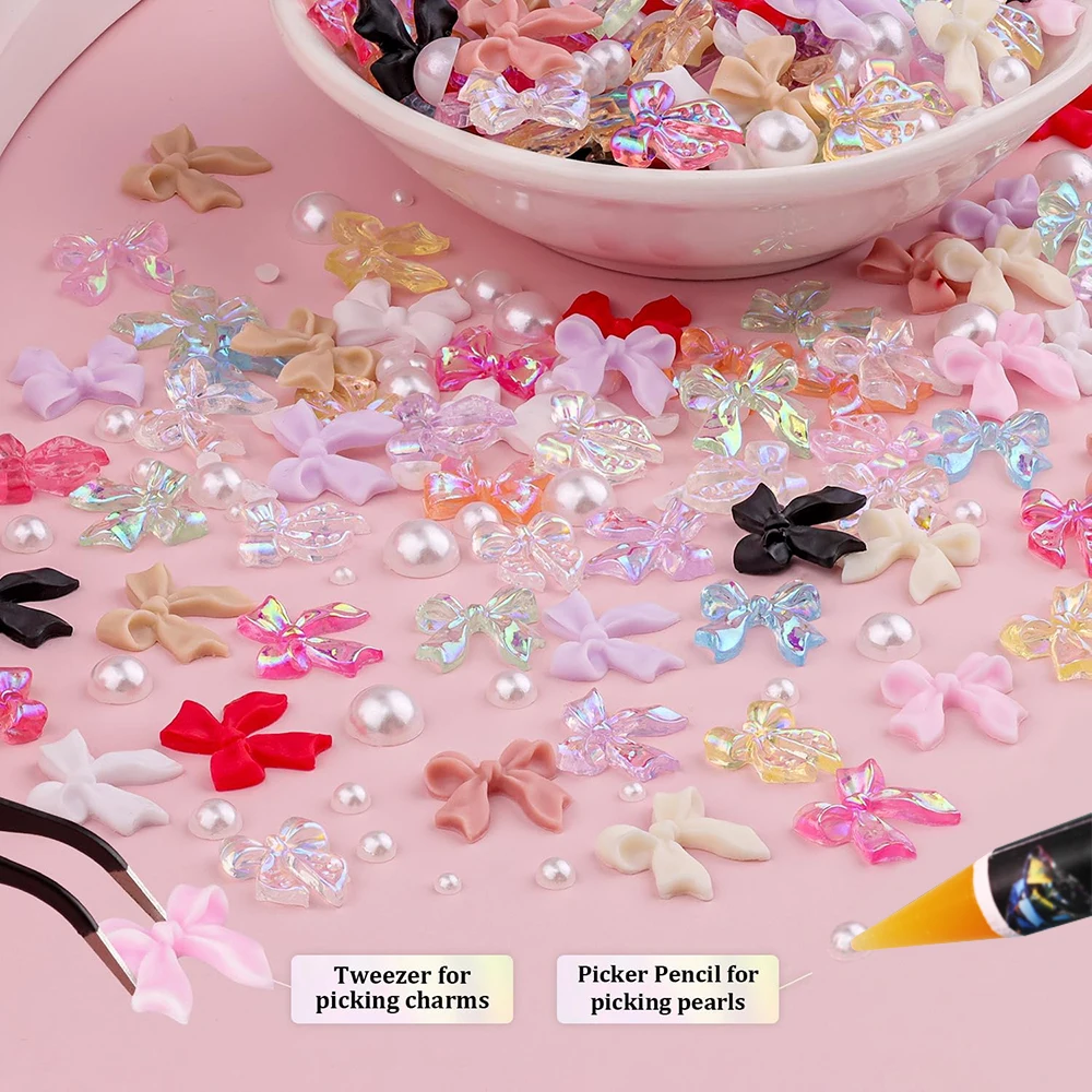 12Grids/Box Mixed Resin Bowknot Nail Charms 3D Colorful Bow Kawaii Rhinestone Nail Art Decorations DIY Manicure Parts Pen Tweeze 5