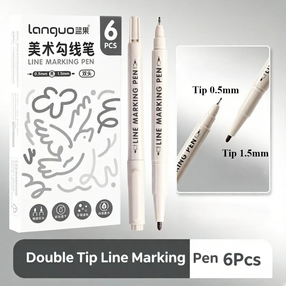 6 개/대 더블 팁 라인 마킹 펜 0.5mm 1.5mm 스케치 드로잉 펜 아웃라인 아트 마커 페인팅 문구 용품