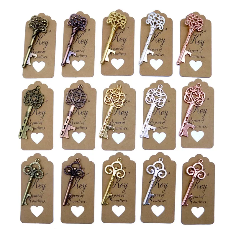50pcs DIY Wedding Decoration 5 Colors Vintage Key Bottle Opener with Thank You Paper Tags Wedding Party Deco Favors and Gifts beer bottle opener keychains diy handmade gift