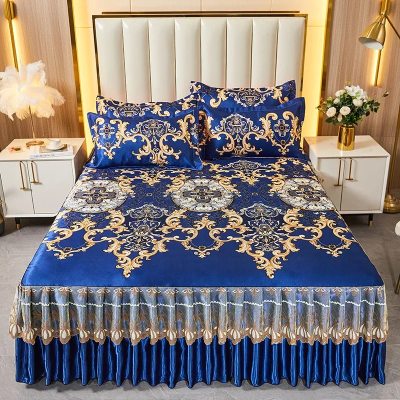 

3Pcs Bedding Classic Lace Royal Blue printed Bedspread Bed Skirt with Elastic Band for Queen King Size Sheets Bed Washable