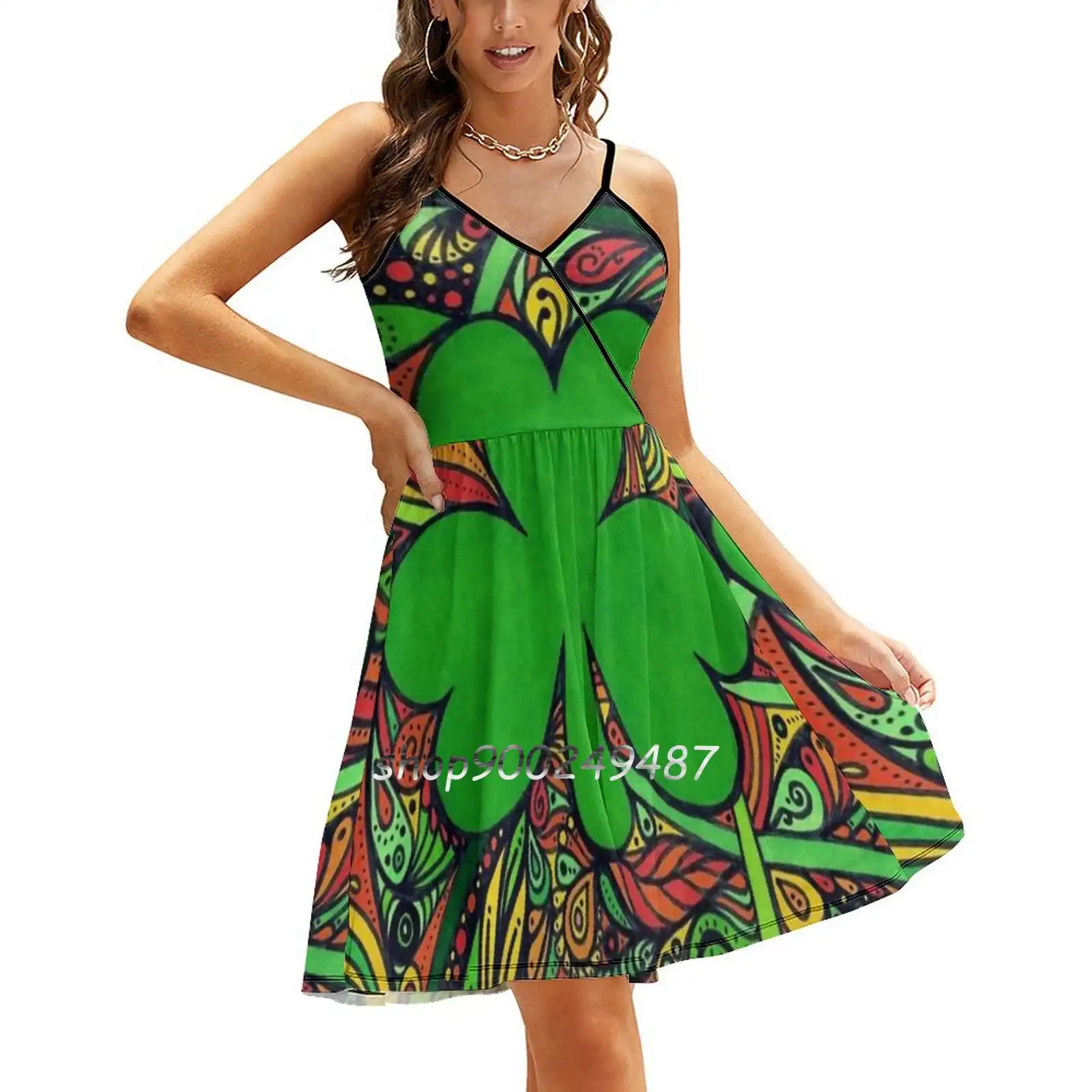 

Irish Shamrock Sweet Summer Casual Sling Dresses Korean Women Sexy Sundress Shamrock Pen Hand Drawn Green Orange Doodle Fun