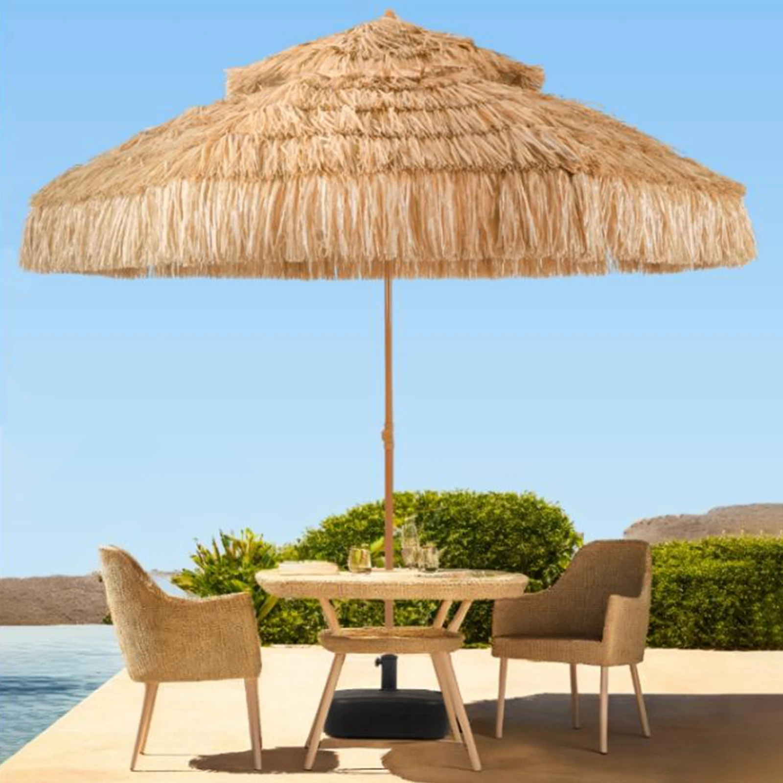9ft Outdoor Thatched Tiki Umbrella with 8 Ribs Uv Protection Thatched Beach Umbrella for Garden Courtyard Lawn