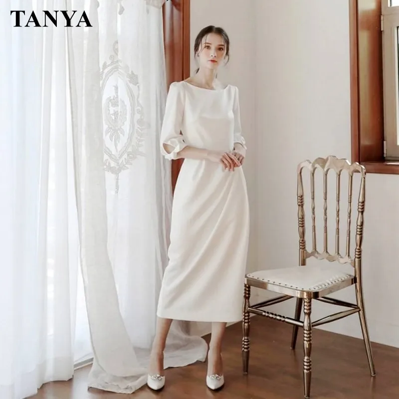 

Оригинальное Короткое свадебное платье Tanya до середины икры с коротким рукавом мягкое сатиновое простое свадебное платье для весны и лета TT255