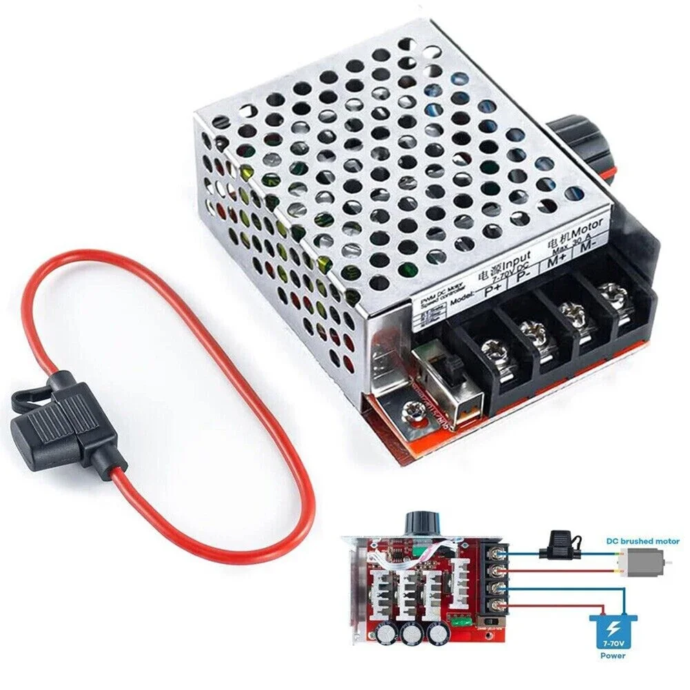 

DC 7 - 70V 30A PWM Brush Motor Speed Controller Governor Dimmer 12V/24V 30Amp Fuse DC Motor Speed Controller