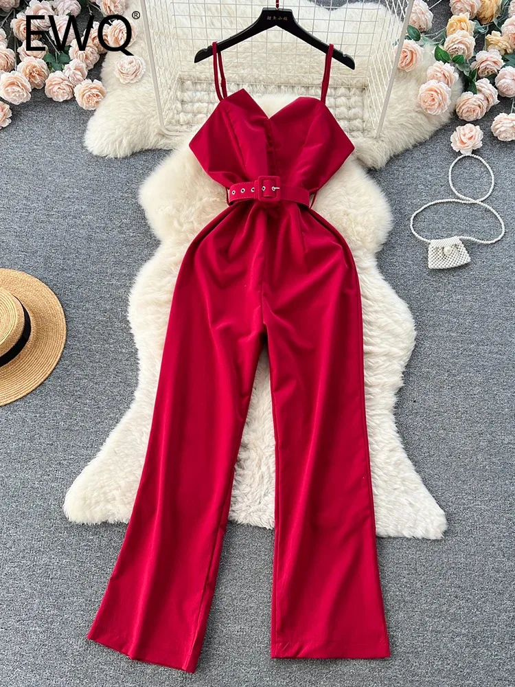 

EWQ Elegant Style Chic Jumpsuit Women Solid Color Strapless With Belt High Waist A-line Jumpsuits Winter Spring 2024 New SN5369