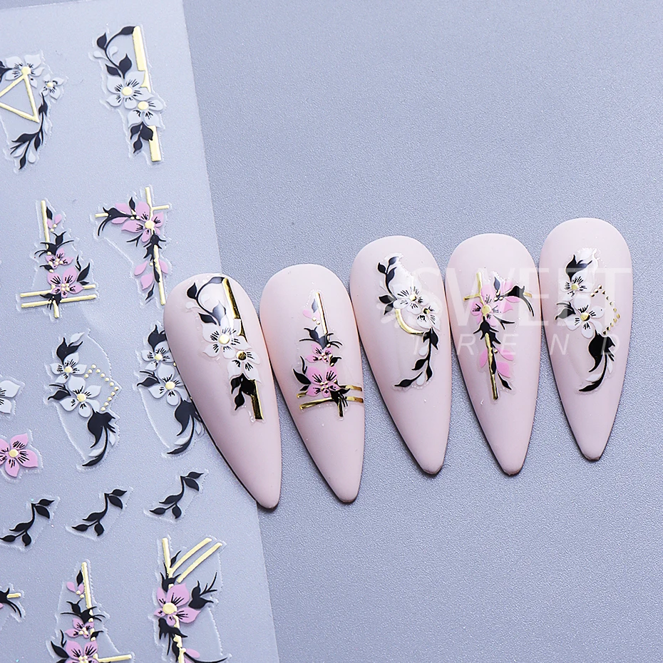 2pcs 3D French Line Flowers Nail Art Stickers Pink White Sakura Petals Florals DIY Spring Summer Elegant Sliders Manicure Decor