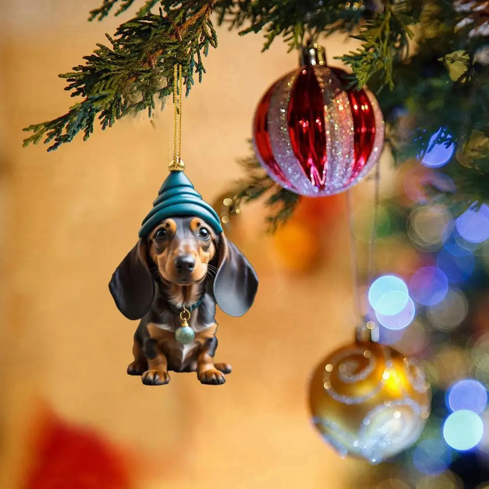Cartoon Puppy Pendant Christmas Funny Sausage Dog Car Decoration Pendant Acrylic Flat Christmas Tree Noel Navidad