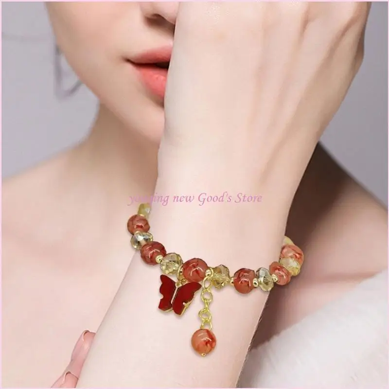 57qa Imitation Jades Perlen Armband Elastizier Seil Schmetterling Charme Handchain Schmuck Trendy Armband Ankleidung für Frauen – Detail 10