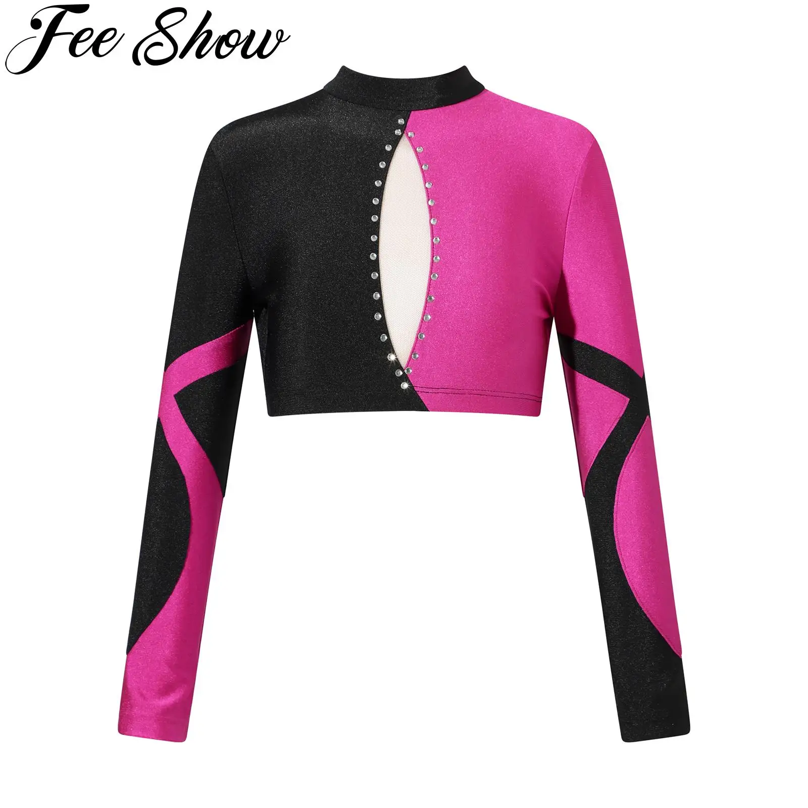 

Kids Girls Shiny Rhinestone Contrast Color Crop Tops Long Sleeve Ballet Dance Top for Modern Dancing Performance Dance Costume
