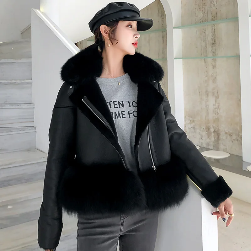 Shearing Real Sheepskin2022 New Lady Leather Jackets Winter Warm Real Fox Fur Collar Cuffs Fur Lining Short Coat Overcoats 7421B