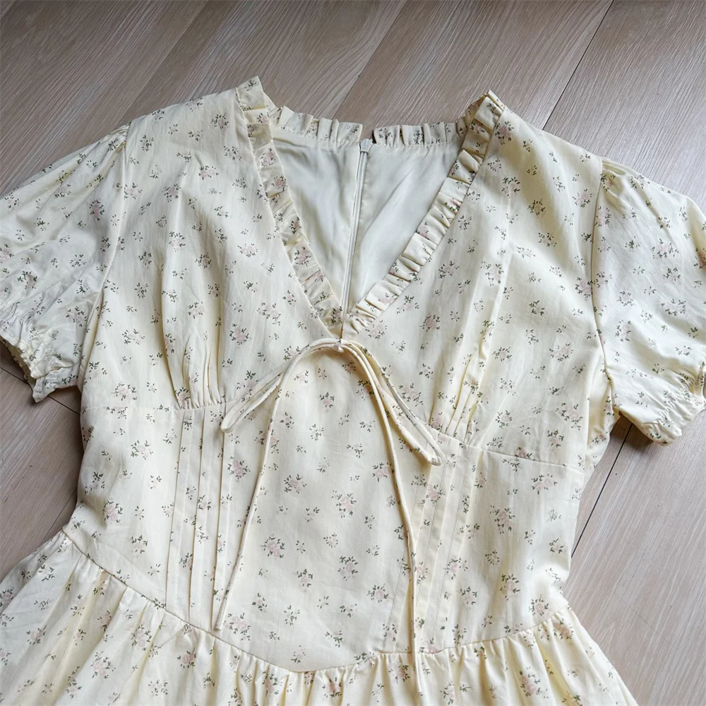French Floral Printed Short Dresses for Women Y2K V-neck High Waist Birthday Party Dress Korean Chic Prom A-line Summer Vestidos