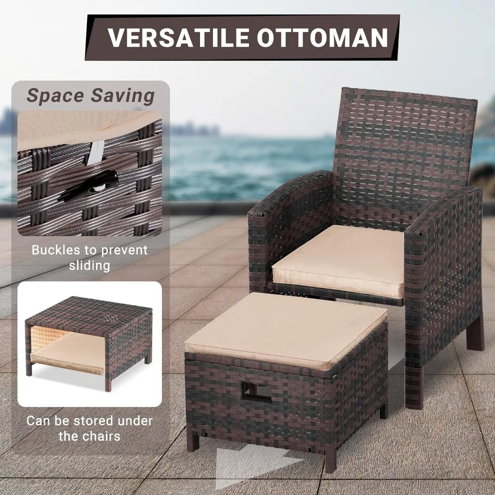 Balcony Furniture 5 Piece Patio Conversation Set, PE Wicker Rattan Outdoor Lounge Chairs with Soft Cushions 2 Ottoman&G 4