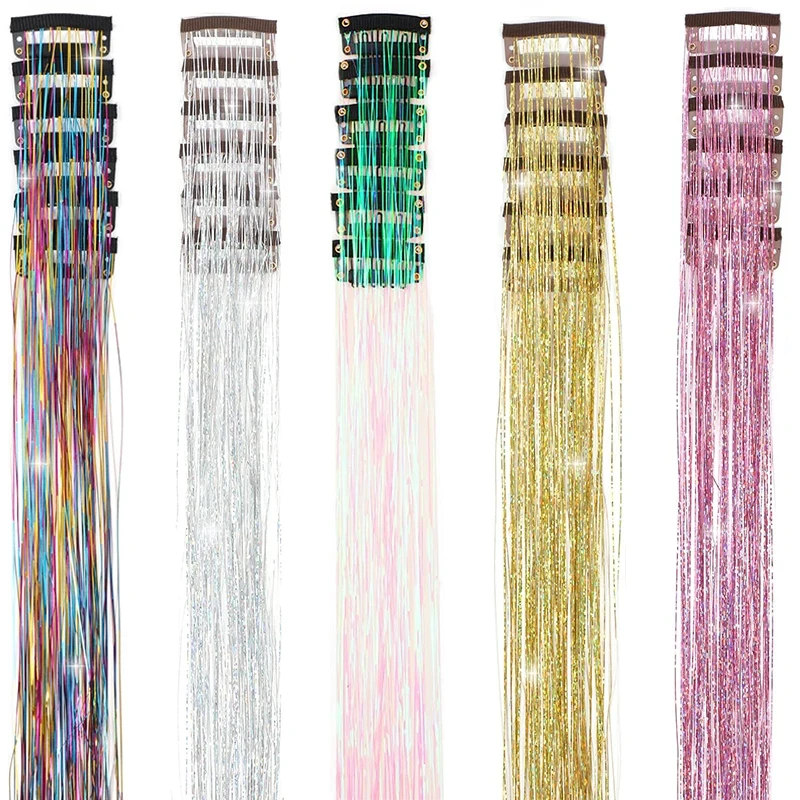 12pcs 20inch Tinsel Hair Extensions Wigs Colorful Shiny Artificial hair extensions Clip in Women Hairpieces for Daily Party Wear