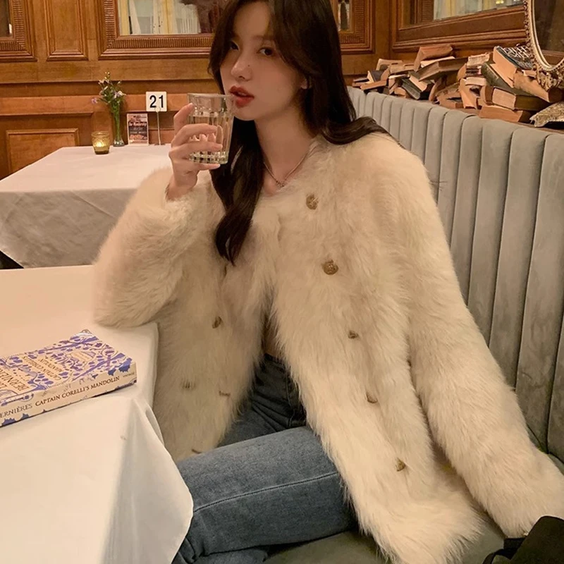 Imitation Fox Fur Coat Women Korean Autumn Winter Round Neck Outwear All-Match Thick Double Breasted Overcoat Plush Chaquetas