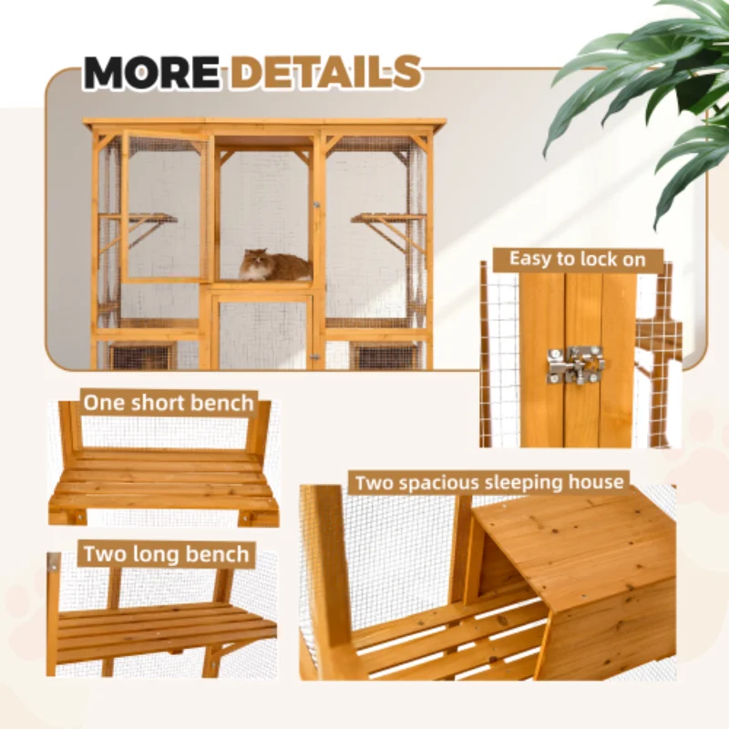 Catio Outdoor Cat Enclosure with Roof 72" Height Cat Wooden House Large Cage with 3 Jumping Platforms and 2 Napping Houses f