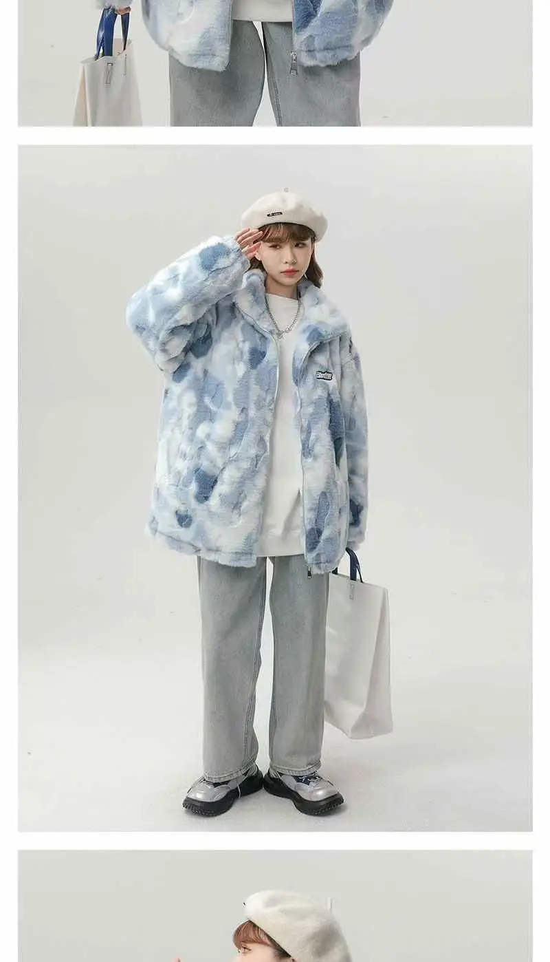 Tie dye Lamb wool Coat 2025 New Winter Trendy Student Cotton Jacket Thicken Loose Stand collar Coats Female Warm Parka Overcoat