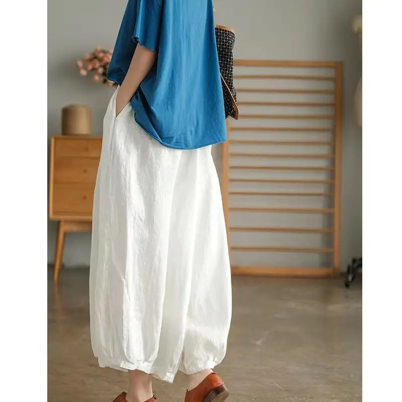 2024 New Summer Loose Oversize Casual Versatile High Waisted Slimming Retro Artistic Solid Color Linen Lantern Pants for Women
