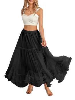 Women’s Tulle Long Skirts Elastic High Waist Ruffle Hem Tutu Skirts Fluffy A-line Midi Skirts 2
