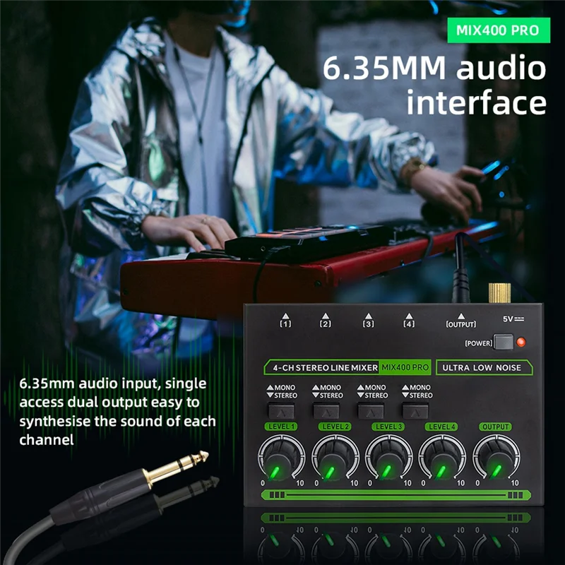 APPLIA-Mix400 Pro 4채널 전문가용 사운드 믹서 (RGB 조명 포함) 미니 오디오 믹서, 라인 믹서, 클럽/바용 소형 오디오 믹서