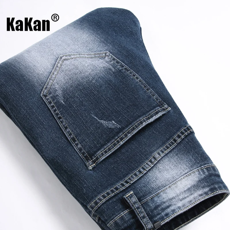 Kakan - New Elastic Slim Fit Small Feet Men's Jeans, Personalized Pocket Patch Blue Tight Long Jeans K19-8834