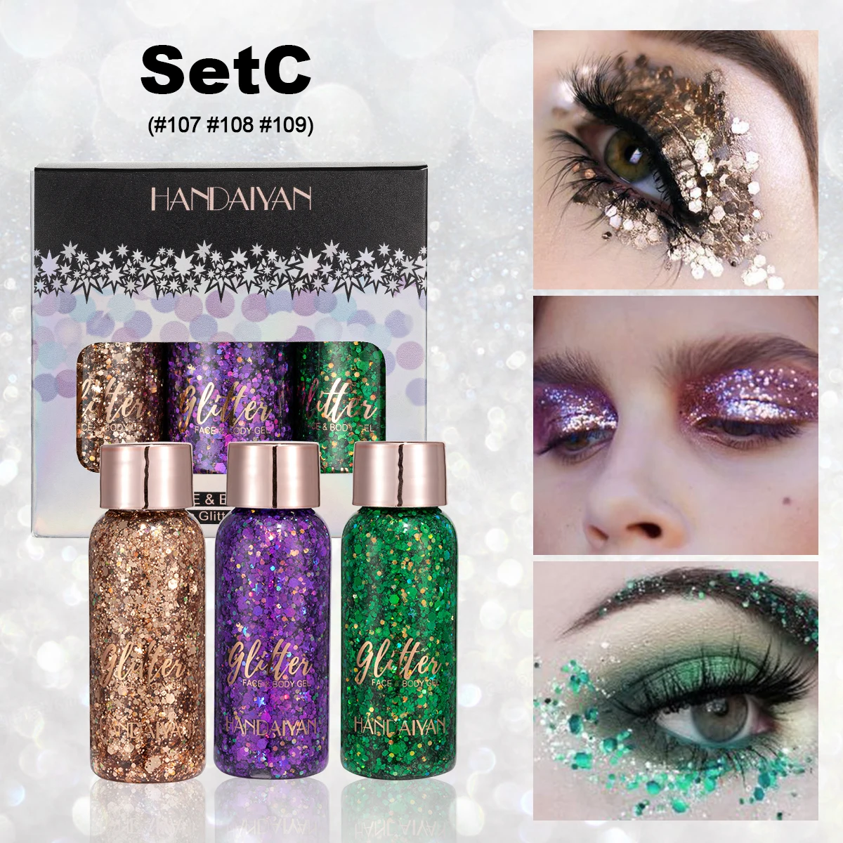 Body Glitter Gel 3 colors set gel glittering mermaid face and body glitter stage performance festival glitter gel female body glitter